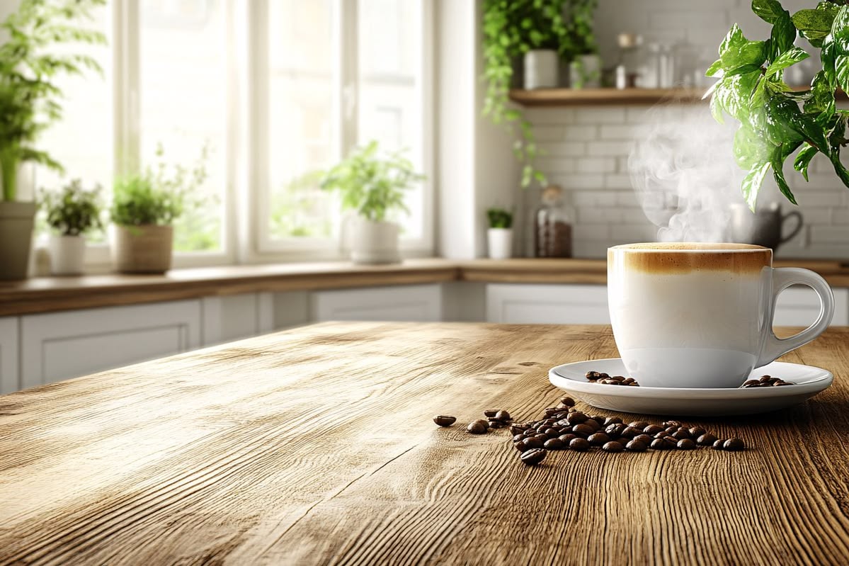 A single ceramic cup on a wide wooden table in soft morning light