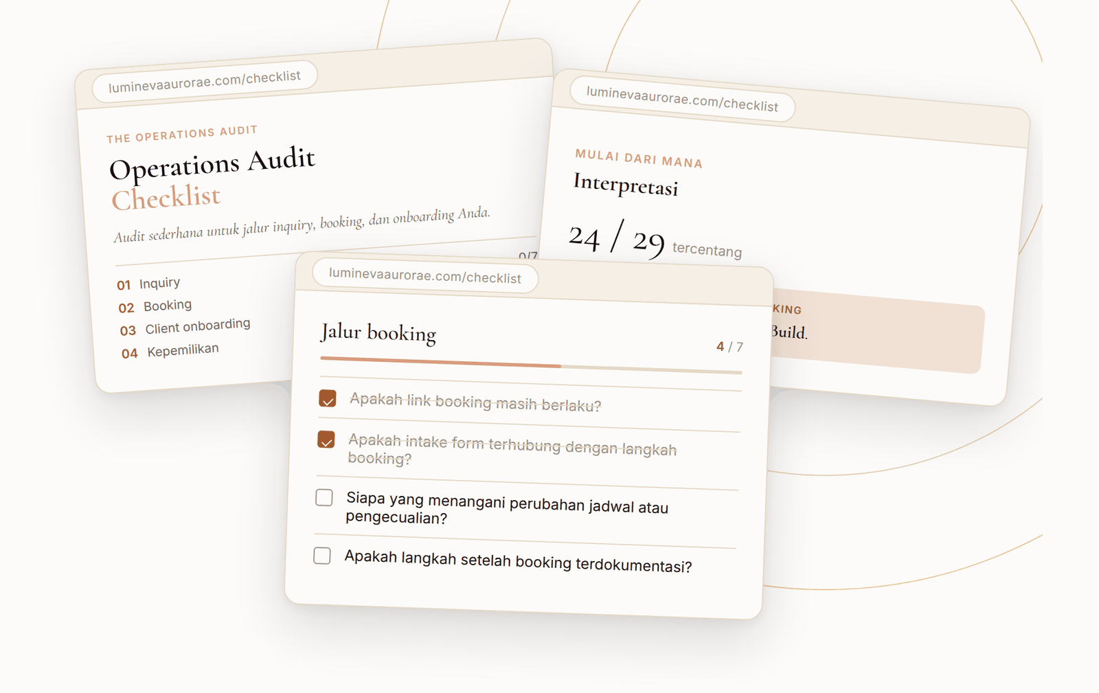 Pratinjau Audit Operasional interaktif — tahap inquiry, booking, dan client onboarding