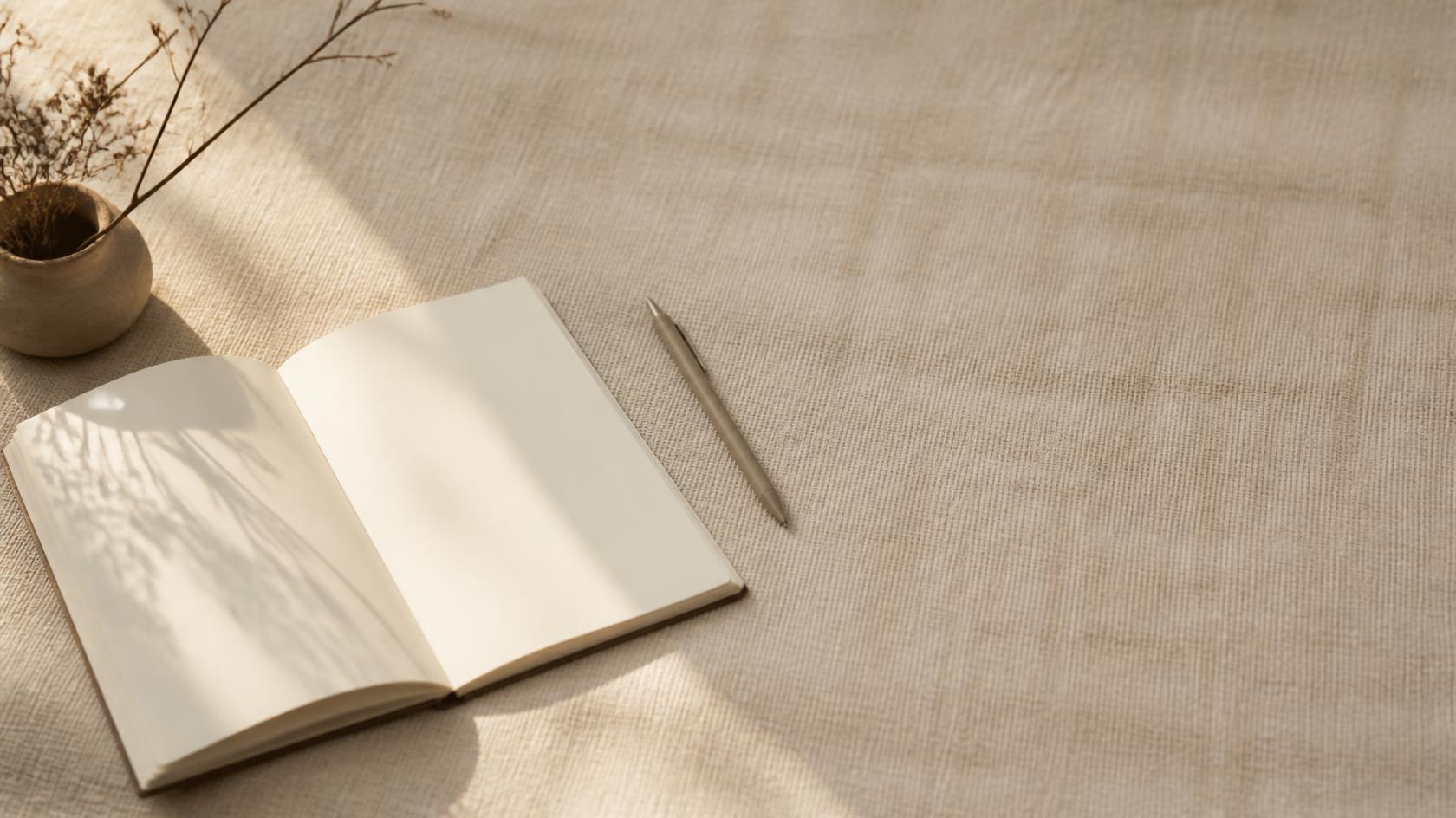 An open notebook with blank pages and a slim pen on warm linen in soft morning light